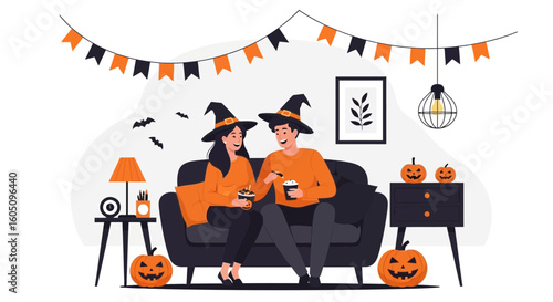 Couple Celebrating Halloween At Home Spending Time Together On The Sofa