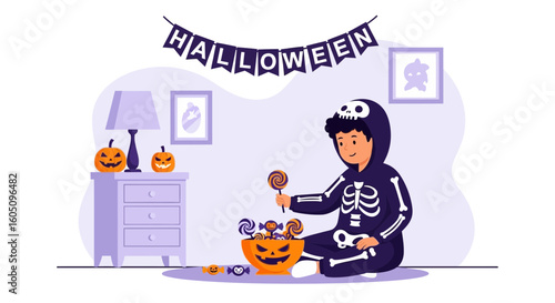 Boy Dressed Up In Skeleton Costume Enjoys Halloween Night Celebration
