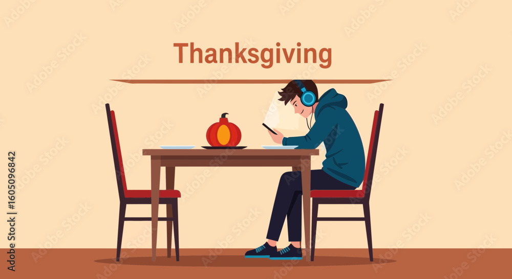Fototapeta premium Digital Thanksgiving Disconnect A Man Listens To Music On His Phone
