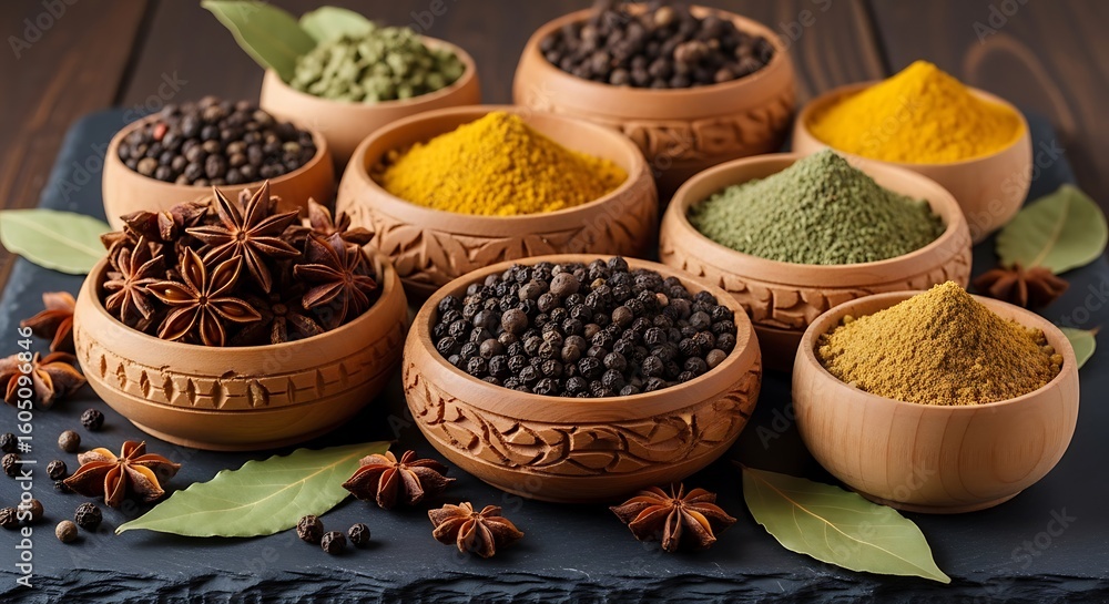 Fototapeta premium Assorted spices in decorative wooden bowls on a dark surface.