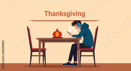 Digital Thanksgiving Disconnect A Man Listens To Music On His Phone
