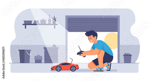 Enthusiastic Young Man Plays with his Radio Controlled Car Indoors