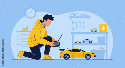Enthusiastic Young Man Playing With His Yellow Remote Control Car