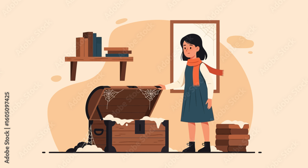 Fototapeta premium Discovering Old Treasures A Girl Finds A Dusty Chest In The Attic