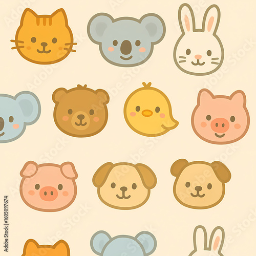 Adorable cartoon animal faces forming a seamless pattern, featuring cats, koalas, rabbits, bears, chicks, pigs, and dogs.