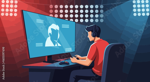 Esports Player Focused On Virtual Competition During Online Match Gameplay