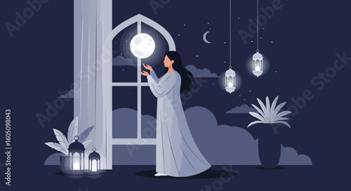 Ethereal Lunar Serenity Woman Embracing Moon's Glow Indoor Scene Nighttime Peace