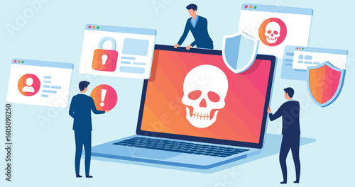 Cybersecurity alert concept with laptop displaying skull malware warning, business team reacting to threats, digital privacy shield illustration design
