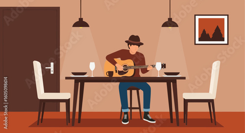 Evening Serenade A Musician Plays Guitar At The Dinner Table