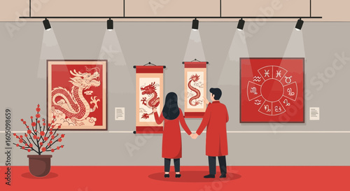 Couple Enjoying Lunar New Year Art Exhibition with Zodiac and Dragon Themes