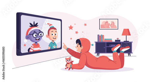 Boy In Pajamas Watching Animated Christmas Friends On Television Screen
