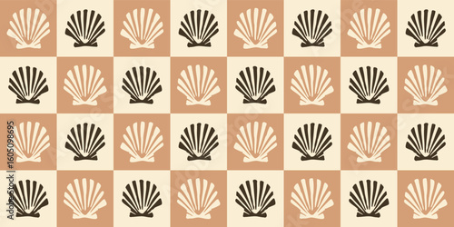 Seashell Checkerboard Seamless Pattern Minimal Coastal Marine Vector in Neutral Earth Tones