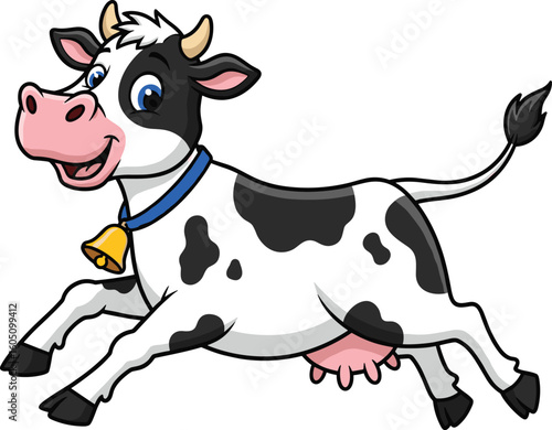 Cartoon cow character with black and white spots, blue collar and bell, playful expression, jumping action, farm animal illustration design