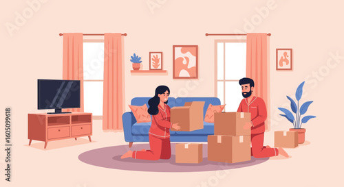Couple In Pajamas Unpacking Boxes After Moving Into New Home Together