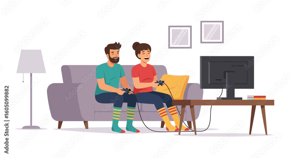 Fototapeta premium Couple Playing Video Game Sitting on Sofa At Home Together Have Fun