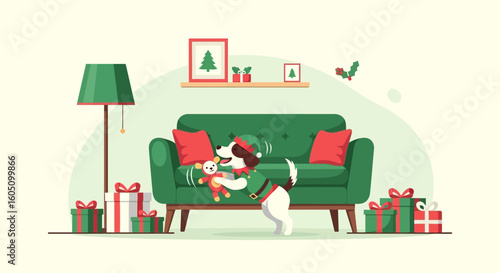 Dog Elf Enjoys Holiday Season Playing With Teddy Bear On Christmas Time