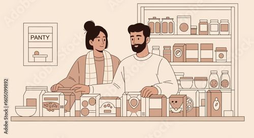 Couple Organizing The Pantry Together With Shelves Full Of Food Items