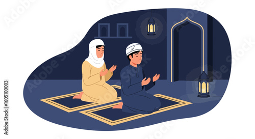 Couple Praying In The Mosque During Ramadan Holy Month Illustration