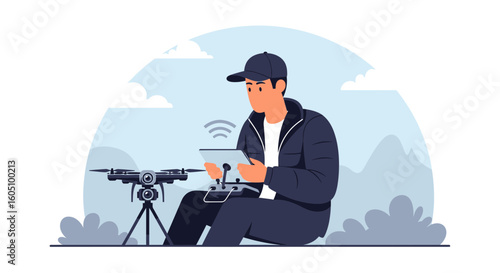 Drone Pilot Using Tablet For Remote Control Flying Aerial Videography
