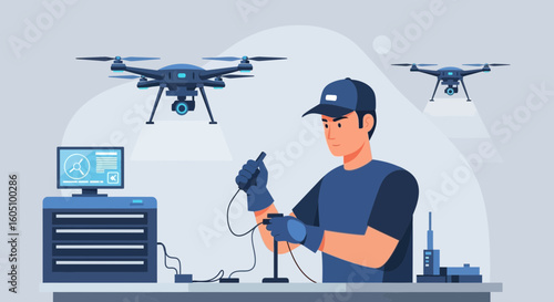 Drone Technician Inspecting Flying Vehicle For Repair And Maintenance Service