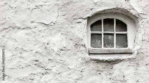 Aged stone wall with small arched window