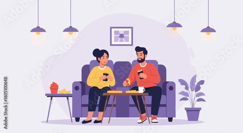 Couple Relaxing At Home Enjoying Snacks And Drinks While Using Their Phones