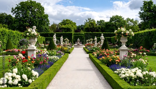 Symmetrical French garden with statues