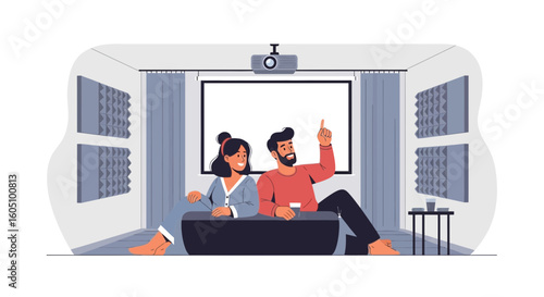 Couple Relaxing Watching Movie At Home Cinema Projector Sitting On Sofa