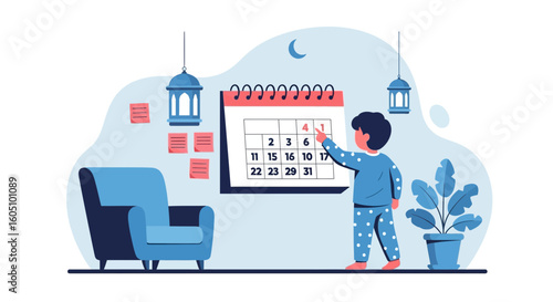 Excited Child Marks Ramadan Eid Al Fitr Day On Calendar At Home