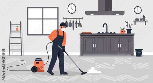 Efficient Cleaning Service Worker Vacuuming Kitchen Floor With Care and Precision