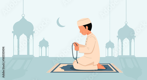 Boy Praying During Ramadan Night Spiritual Moment Generational Vector Illustration