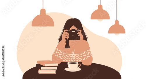 Cozy Afternoon: Woman Capturing Moments with Camera Over Coffee And Books