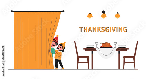 Excited Children Peek From Curtains Anticipating Thanksgiving Feast Illustration