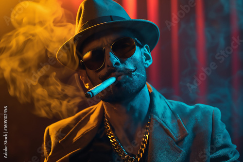 A man wearing a hat and sunglasses smoking a cigar with a gold chain around his neck illuminated by colorful lights