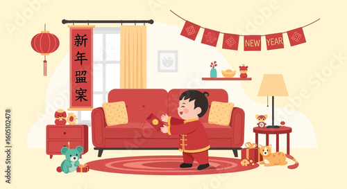 Boy Receives Red Envelope In Chinese New Year Celebration Setting