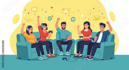 Excited Friends Gaming Together Celebrating Victory On Comfortable Couches