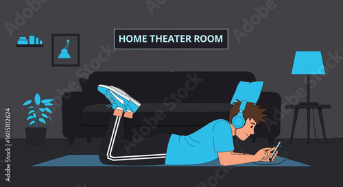 Boy Relaxing With Mobile Phone And Book In His Home Theater Room