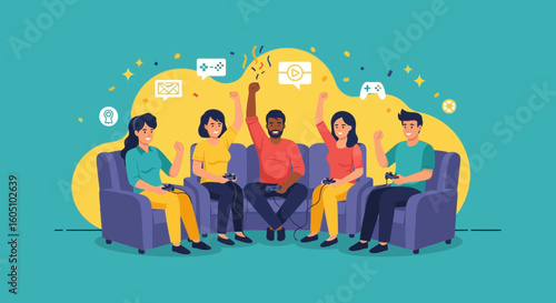 Excited Friends Having Fun Together Playing Video Game Home Party Illustration