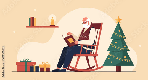 Cozy Christmas Eve Scene With Senior Man Reading In Rocking Chair