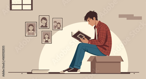 Boy Reminiscing Past Memories, Looking at Old Photographs on Platforms Like Adobe Stock