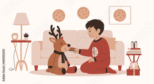 Boy Shares Cookie With Reindeer Plush Toy on Christmas Eve At Home