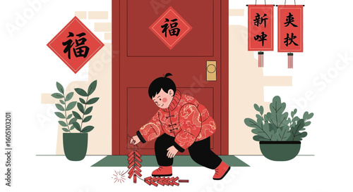 Boy Setting Off Firecrackers During Spring Festival Celebration at Home Entrance