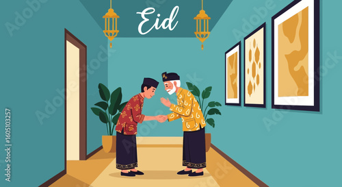 Eid Mubarak Celebration Featuring Generational Handshake and Traditional Garments