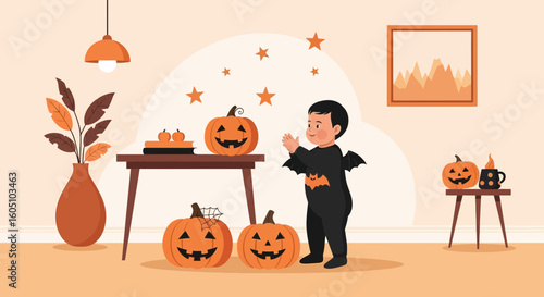 Excited Little Boy Dressed Up As A Halloween Bat With Jack O'lanterns