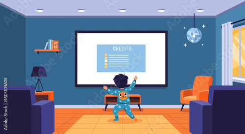 Excited Little Boy Watching Movie Credits Roll At Home Comfortably