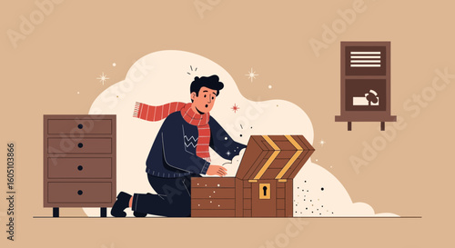 Excited Man Discovering Sparkling Treasure From Old Wooden Chest Inside Room