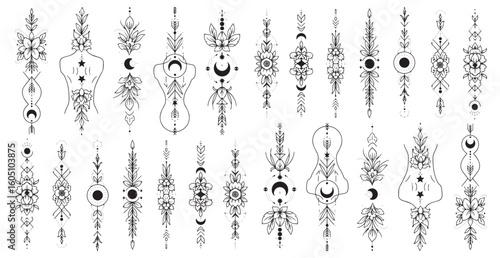 Intricate black and white abstract decorative vertical ornate flourishes and swirls with celestial elements and geometric patterns