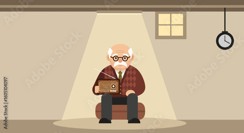 Elderly Man Listening to Vintage Radio In Basement Spotlight Illustration