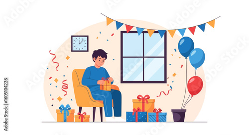Excited Man Unwraps Gift In Festive Birthday Or Holiday Scene