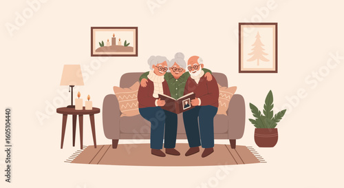 Elderly People Sharing Memories Looking At Photo Album On Sofa